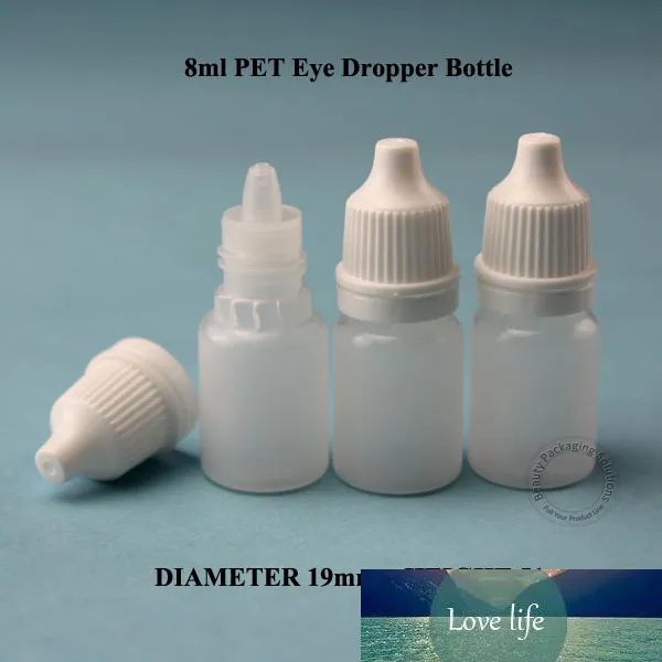 100 teile/los Förderung 8 ml Kunststoff Augen Tropfflasche PET Flüssigkeit Dropper Medizin Topf 8g Weiße Kappe Durchmesser 19mm X Höhe 51mm