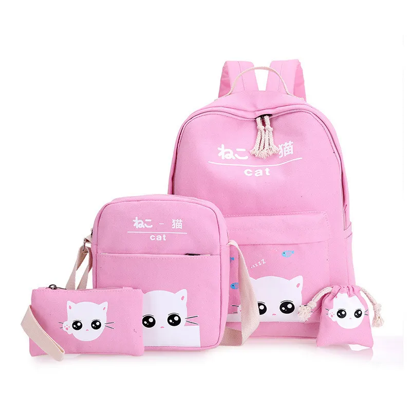 Diomo 4 pcs / set laptop escola mochilas para meninas meninos adolescentes femininos bagpack sac um femme femme bonito gato canvas satchel crianças lj201029