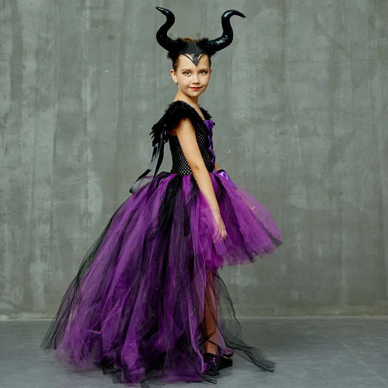 Halloween Maleficent Evil Dark Queen Girls Tutu Dress with Horns Wicked Witch Kids Cosplay Party Ball Gown Costume Fancy Clothes (16)