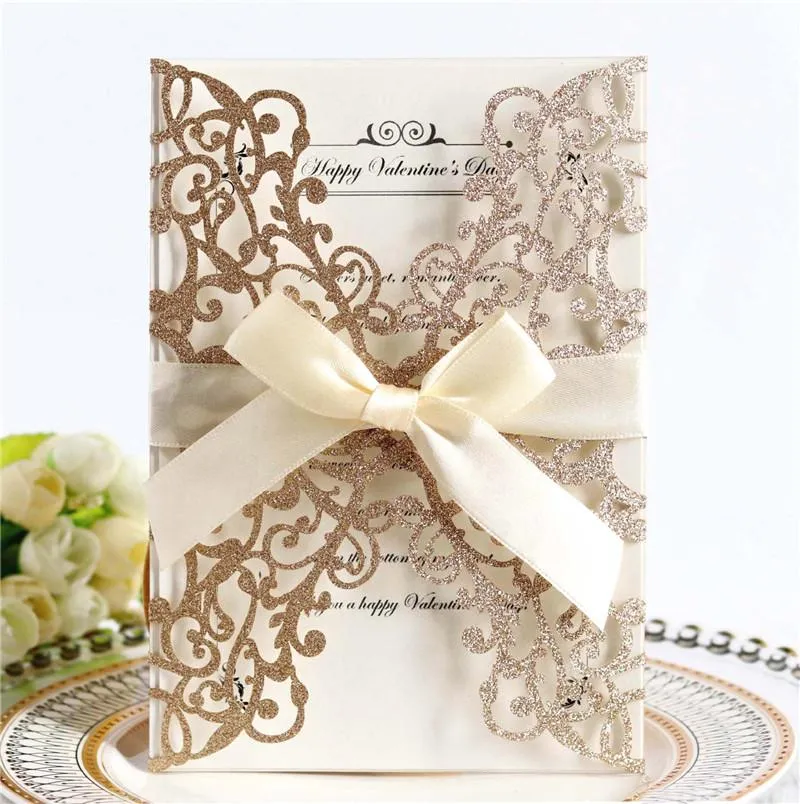 Glitter Wedding Invitation Flower Hollow Laser Cut Elegant Engagement Wedding Invitation Card With Rope and Envelope