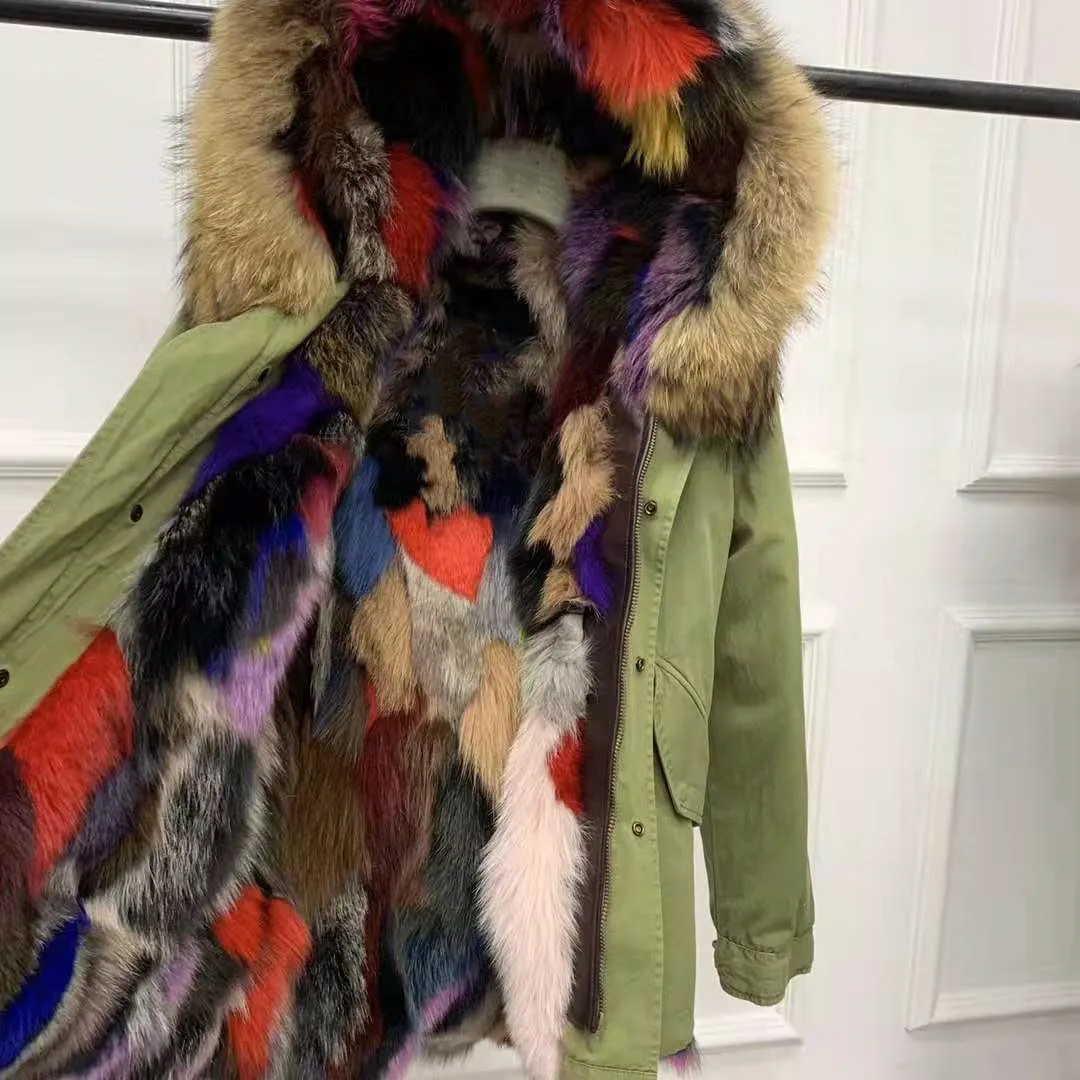 2020 brown raccoon Fur trim Mukla furs brand Fur Multi colour fox fur lined army green mini parka warm jackets winter snow coats