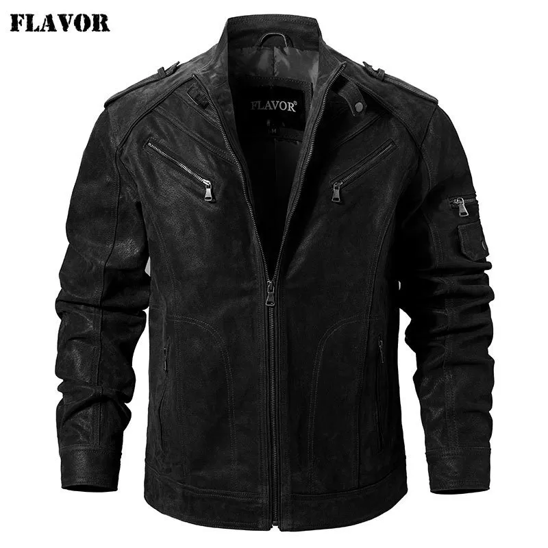 lether fur jacket black pig skin Flavor New Men's Real Leather