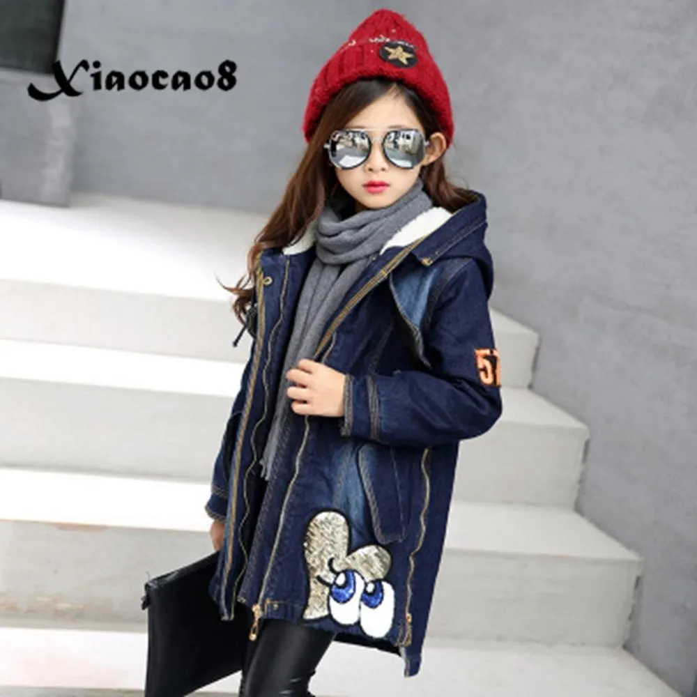 Girls Denim Jacket Long Coat Kids Hooded Sequins L...