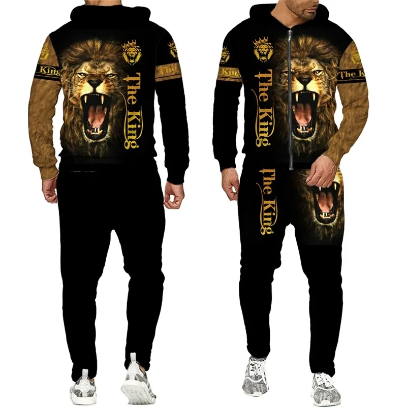 Personnalité Animal Cool Lion 3D partout imprimé survêtements hommes mode sweat à capuche zippé pantalon 2 pièces ensemble costumes de Sport 220225