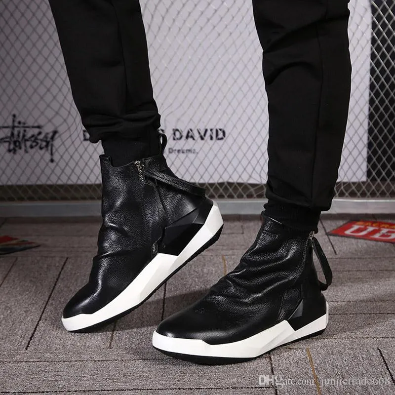 top quality handmade Europe station luxury dual zipper genuine leather men trainer Boots patchwork England street skateboard shoes