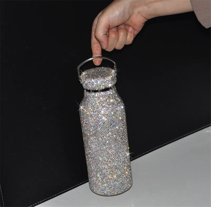 Acier inoxydable simple de bouteille d'eau de thermos de diamant avec le cadeau de tasse de thermos de vide de couvercle pour le cadeau de Valentines de femmes