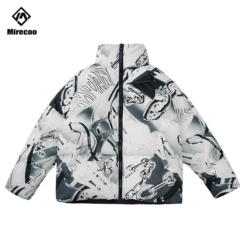 Multi-Chains Print Padded Parka Men Hipster Puffer Down Jacket Men Streetwear Stand Collar Winter Coat Outwear Windbreaker 201114