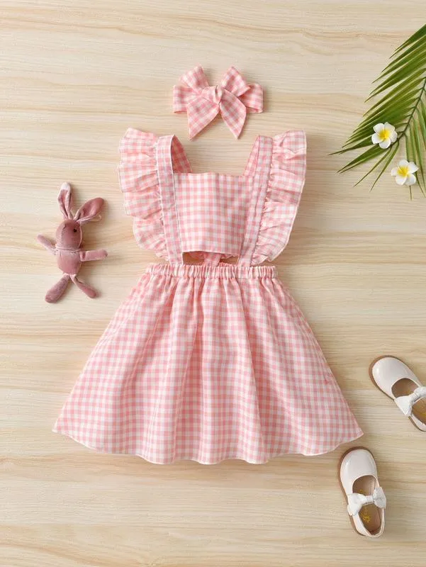 Toddler girls gingham ruffle trim övergripande klänning huvudband hon