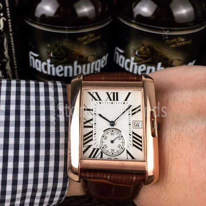 Top Moda Automatyczne Mechaniczne Samo uzwojenia Zegarek Mężczyźni Złoty Silver Dial Klasyczny Prostokąt Małe Sekunda Projekt Wristwatch Casual Skórzany Pasek Zegar 1526