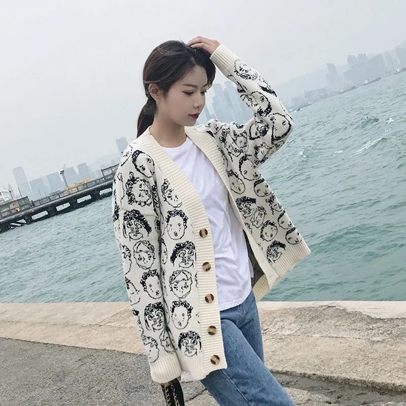 Autumn Cartoon Print Chunky Cardigan Sweater For Women Loose Fit Thick Warm V Neck Casual Lazy Cow Jacket From Tremedg 34.98 DHgate.Com