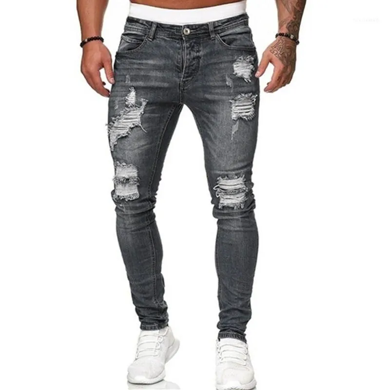 Calças de jeans masculinas Mens Hip Hop Black Cinza Cool Rasgado Stretch Stretch Slim Elástico Denim Calças Grande Tamanho Para Jogging Casual S-3XL1