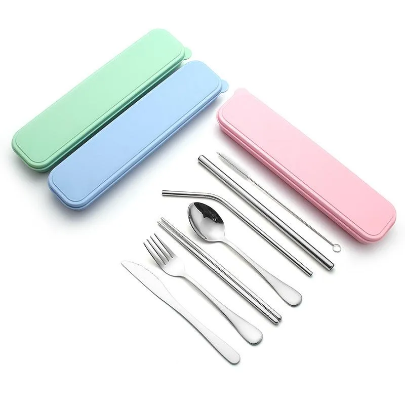 Stainless Steel Flatware Set Portable Cutlery Set For Outdoor Travel Picnic Dinnerware Set Metal Straw With Box And Bag Kitchen Utensil DH8556