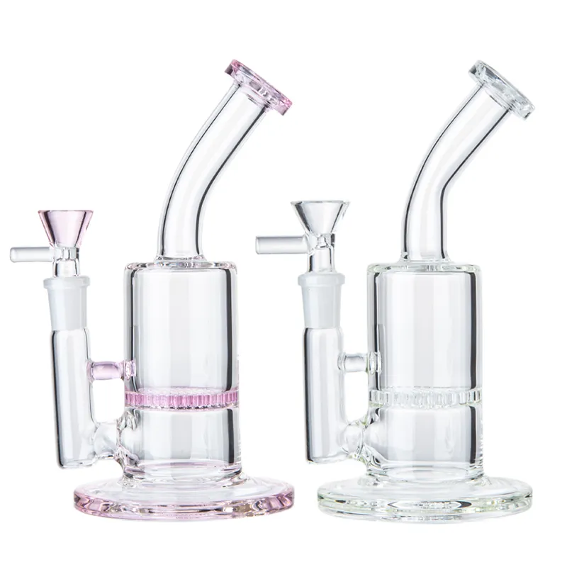 핑크 유리 봉 8 인치 물 담뱃대 5mm 두꺼운 Dab 장비 물 파이프 그릇 Beecomb 샤워 헤드 Perc Bongs Heady Mini Pipe Wax Oil Rigs 흡연 구부러진 튜브 LXMD21401