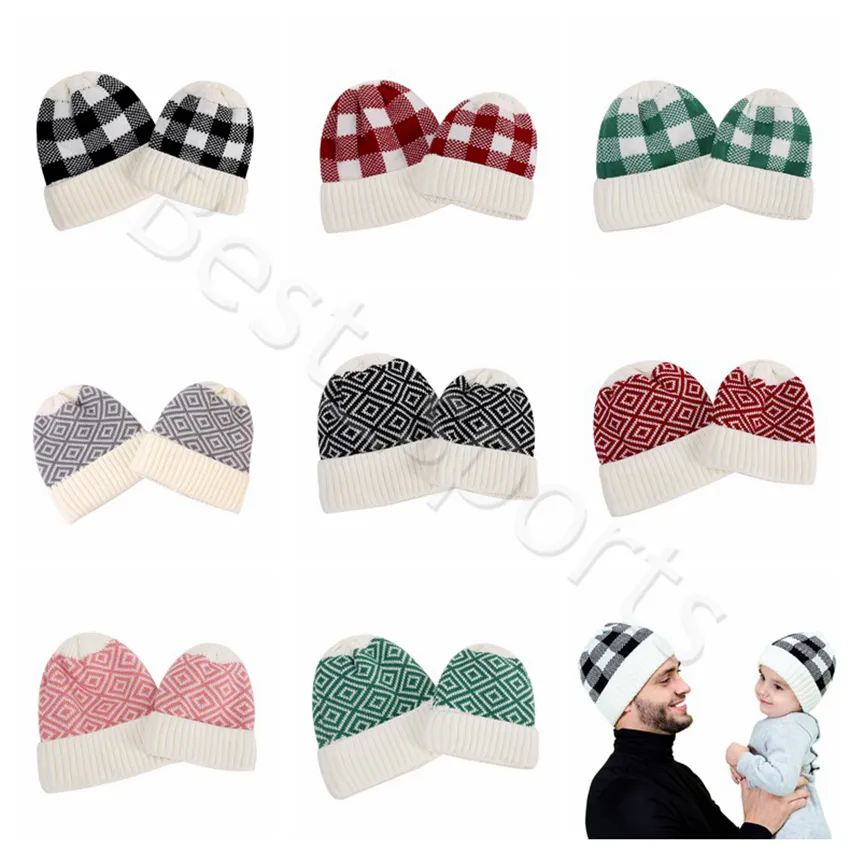 Parent-child Beanie 8 Colors Winter Warm Adult Kids Knitted Caps Outdoor Sports Beanies Plaid Wool Hat Festive Party Hats CYZ2860