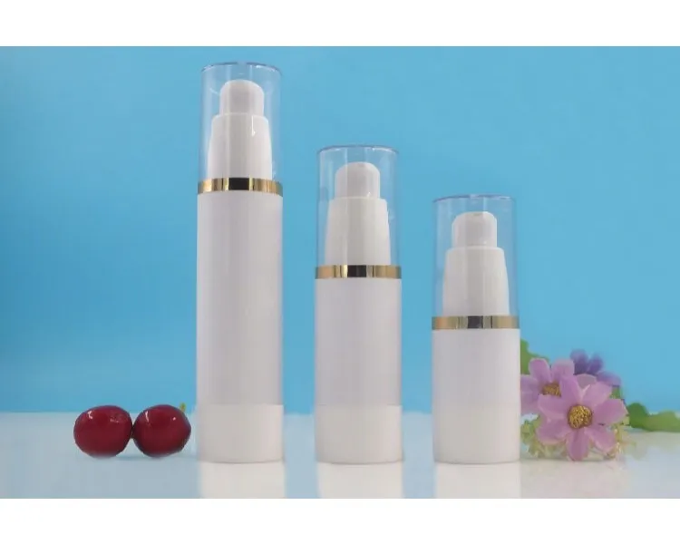 15 ml plastic wit airless fles gouden lijn deksel serum / lotion / emulsie / vloeibare fundering / oog-essentie / zonnescherm cosmetische verpakking