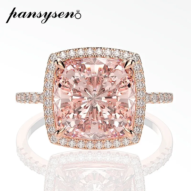 Pansysen 10 mm carrés Morganite Gemstone Rings For Women Solid 925 Silver Silver Sparking Cocktail Anneau Fine Bijoux 201006