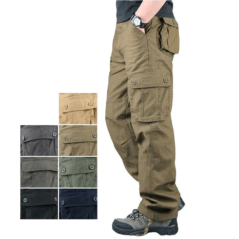 Primavera Outono Mens Carga Calças Multi Pocket Khaki Calças Casuais Calças de Algodão Casuais Homens Plus Size Pantalon Cargo Homme