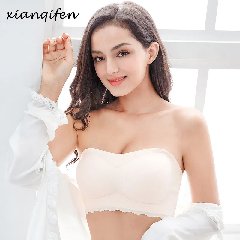 Xianqifen strapless bras for women tube top bh wedding dress summer seamless black bralette plus size invisible brassiere girl B 2298t