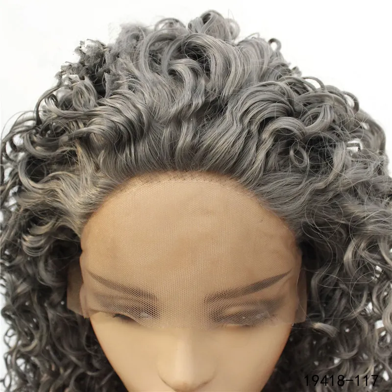 Afro Kinky Curly Synthetic Lacefront Wig Simulation gris foncé Pernues avant en dentelle de cheveux humains 14-26 pouces Pélucas pour femmes 19418-117191X