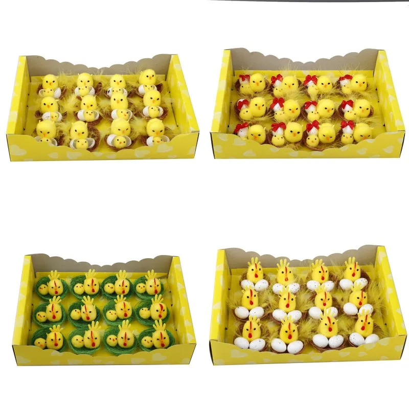 Simulation de poussin de pâques jaune, Mini jouets artificiels de décoration de maison, poulet en peluche, cadeau de pâques pour enfants 12 pièces/ensemble