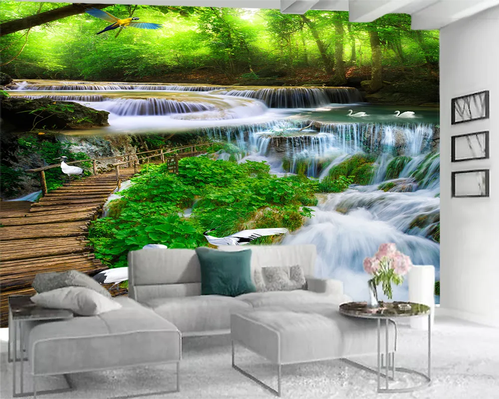 Moderne Woondecoratie 3D Wallpaper Mooie Waterval Landschap Romantisch Landschap Decoratieve Zijde 3D Muurschildering Behang