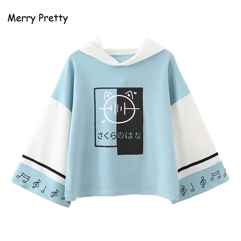 Merry Pretty Women Harajuku Print Hooded Sweatshirts Långärmad Patchwork Hoodies för Femme Casual Loose Cute Pullovers 201209