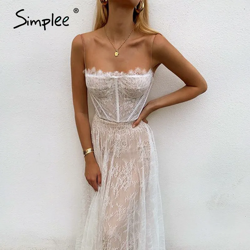 Simplee Sexy weiße Spitze Sommer Frauen Maxi Kleider Strand Spaghetti Strap rückenfrei plus Größe Kleid Mesh Femme langes Kleid Vestidos LJ200810