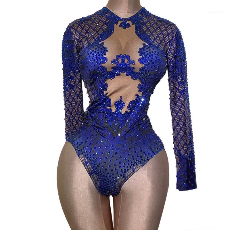 Seksowny niebieski nadruk Rhinestone tancerz body kobiety z długim rękawem elastyczny kryształowy kombinezon damski klub tancerka sceniczna kostium trykotowy 1
