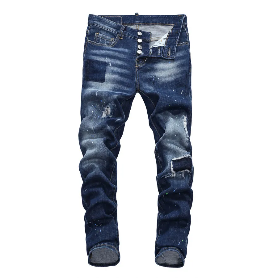 Tops Men Ripped Painted Dark Blue Jeans Fashion Designer Slim Fit Low Waist Biker Denim Pants Hip Hop Trousers NJ7912306E