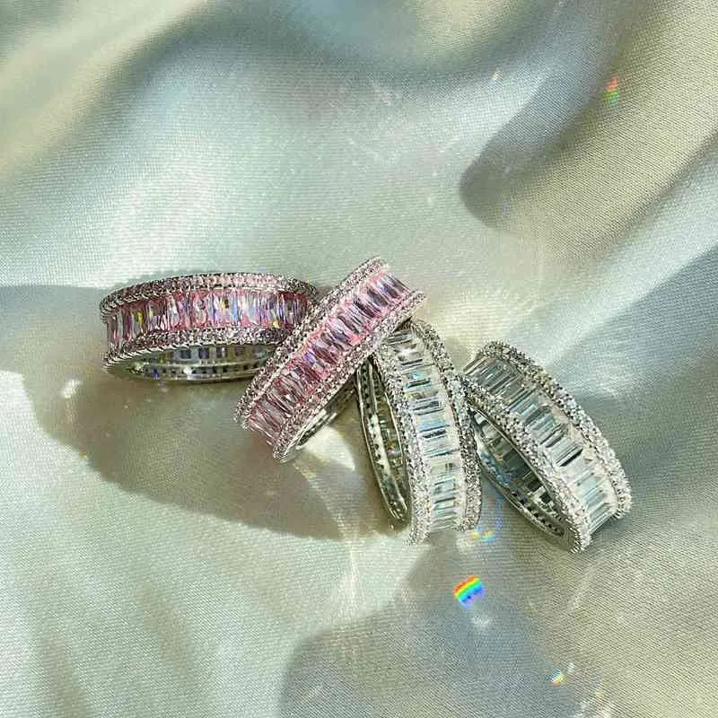 Sitalin S925 Silver Ring Female Princess Pink Square Diamond Love Egg Shaped Zircon Row Superimposed Silver Ring Hand Jewelry