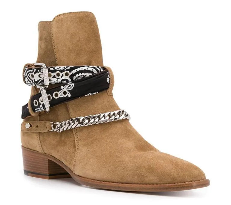 New Season Man  Chain-embellished Ankle Boots Bandana Print Side Buckle Fastening Round Toe Shoes