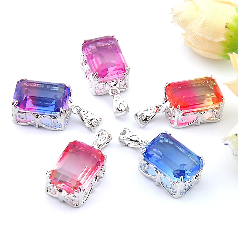 Mezcle 5 UNIDS Rainbow New Luckyshine Plata de ley 925 Squar Rainbow Bicolor Rosa Turmalina Collares de piedras preciosas Colgantes para Lady Party Gift