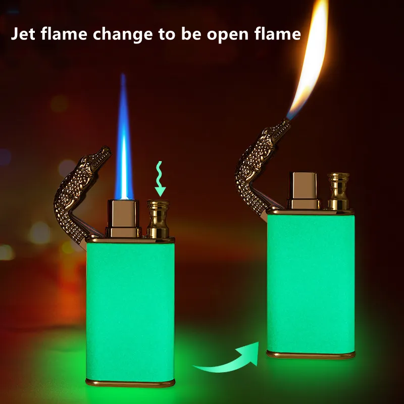 Ny ficklampa Lysande tändare Jet Gas Butan Uppblåsbar Vindtät cigarettändare Double Flame Creative Röktillbehör Prylar