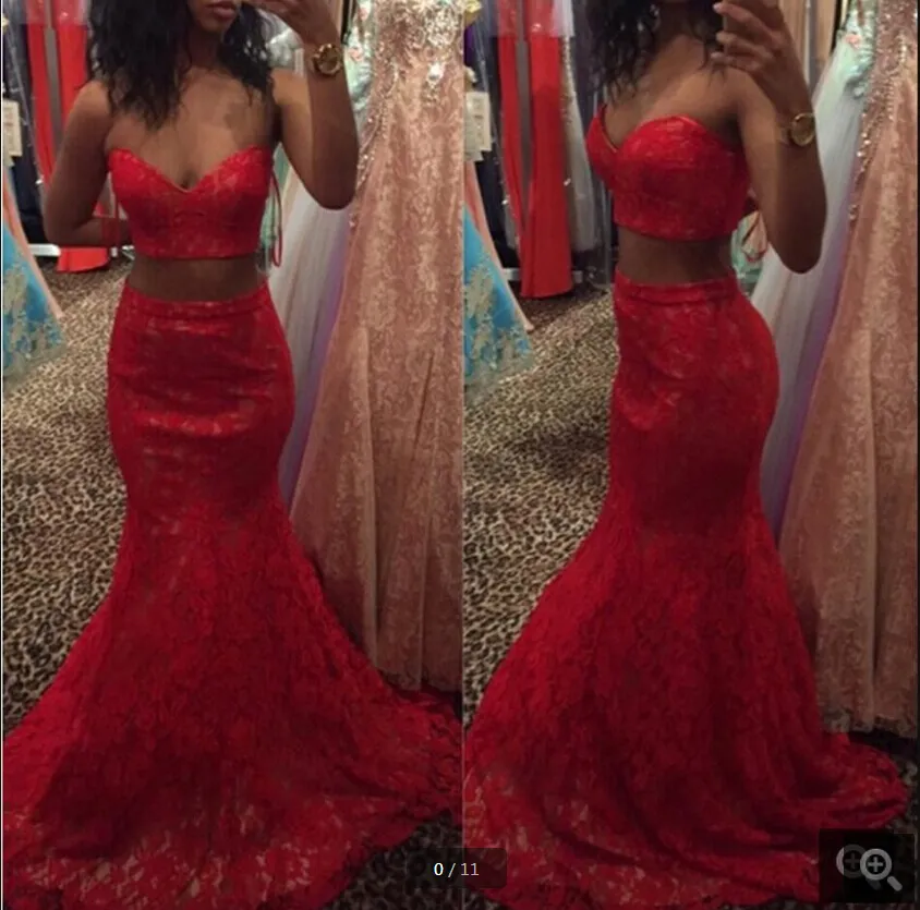 2020 new simple red lace mermaid prom dress two pieces floor length sleeveless modern prom gowns formal evening dresses hot sale