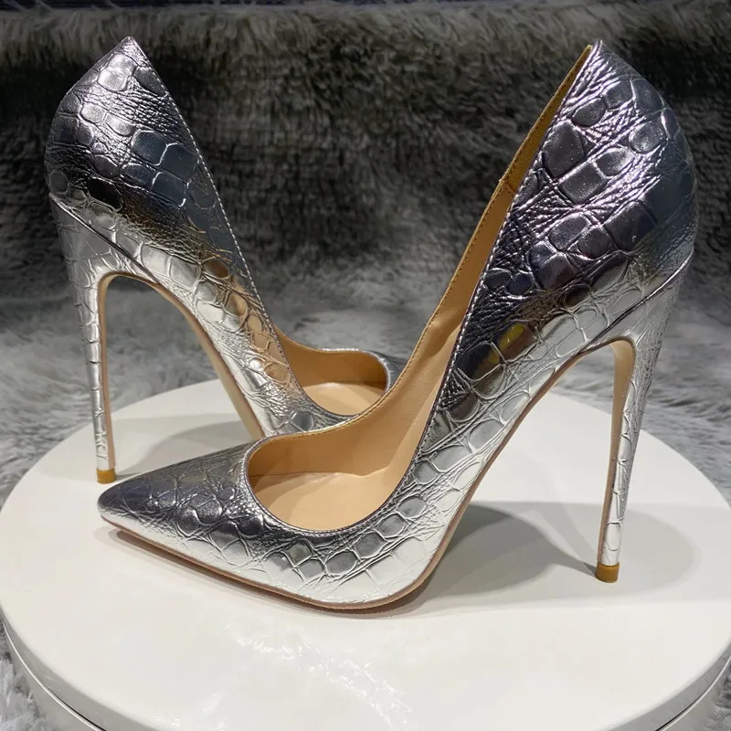 無料のファッション女性のポンプ銀の特許レザーポイントのつま先ハイヒール薄いヒール12cm 10cm 8cmのスティレットストリッパーヒールの女性の靴