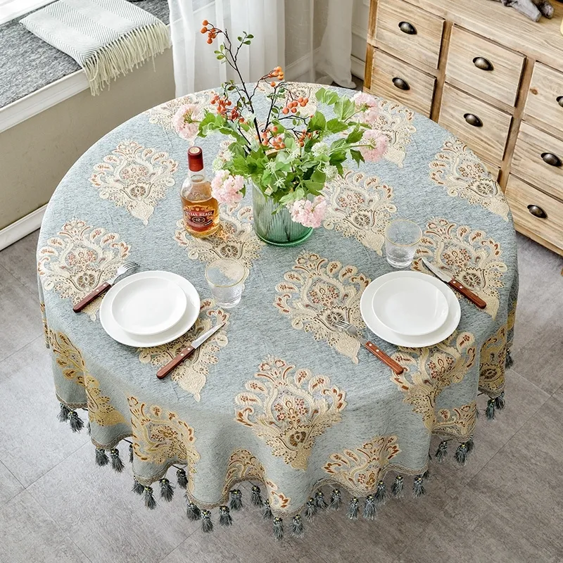 Luxury European Style Round Table Cloth with Tassel Embrodered Jacquard Table Cover Coffee House Home Decoration Tablecloth T200707