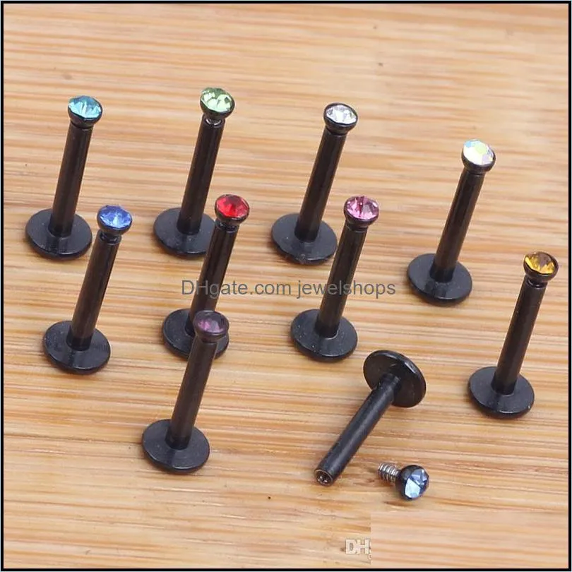 16G Black Stainless Steel Internally Threaded Crystal Labret Lip Ring Ball Stud Chin Piercing Bars Body Jewelry