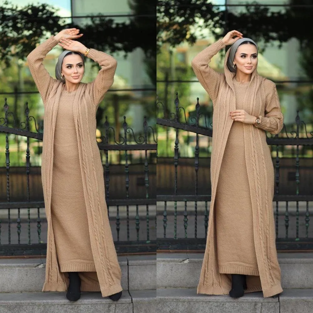 Women Long Dress Combine Set Autumn Winter Coat Turkish Tricot Knitwear 2  pcs