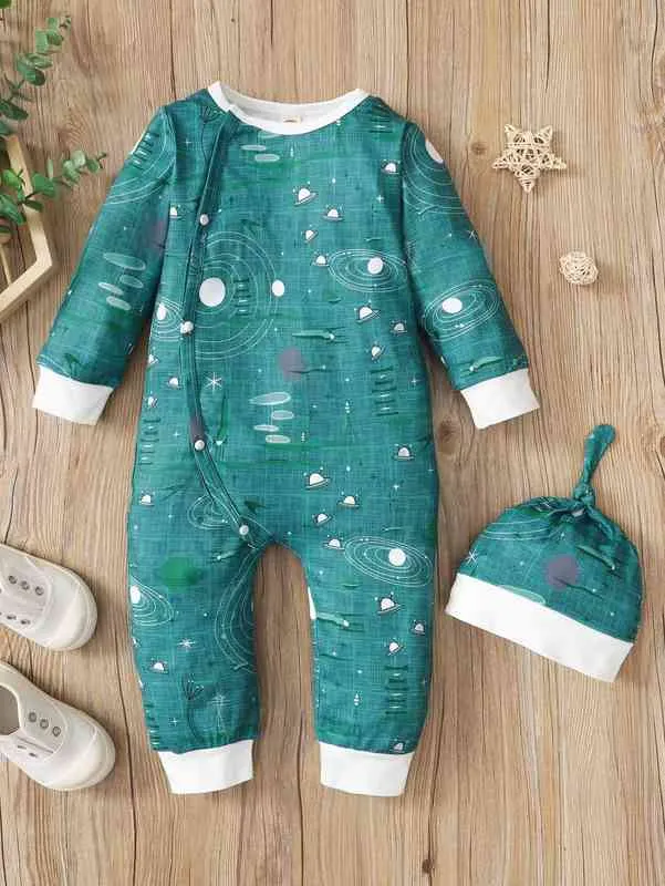 Babyplanet Skriv ut Kontrast Trim Jumpsuit med hatt hon