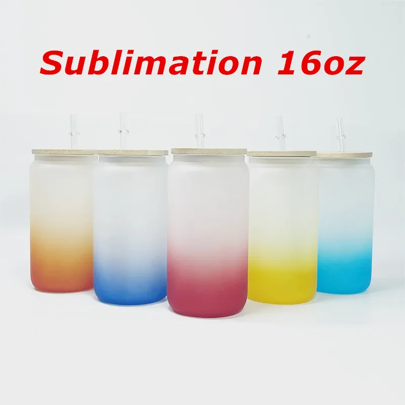 De gros! Verres givrés dégradés de sublimation de 16 oz avec couvercles en boisPailles en plastique 6 couleurs bouteilles d'eau vierges droites bricolage gobelets à vin de transfert de chaleur A12