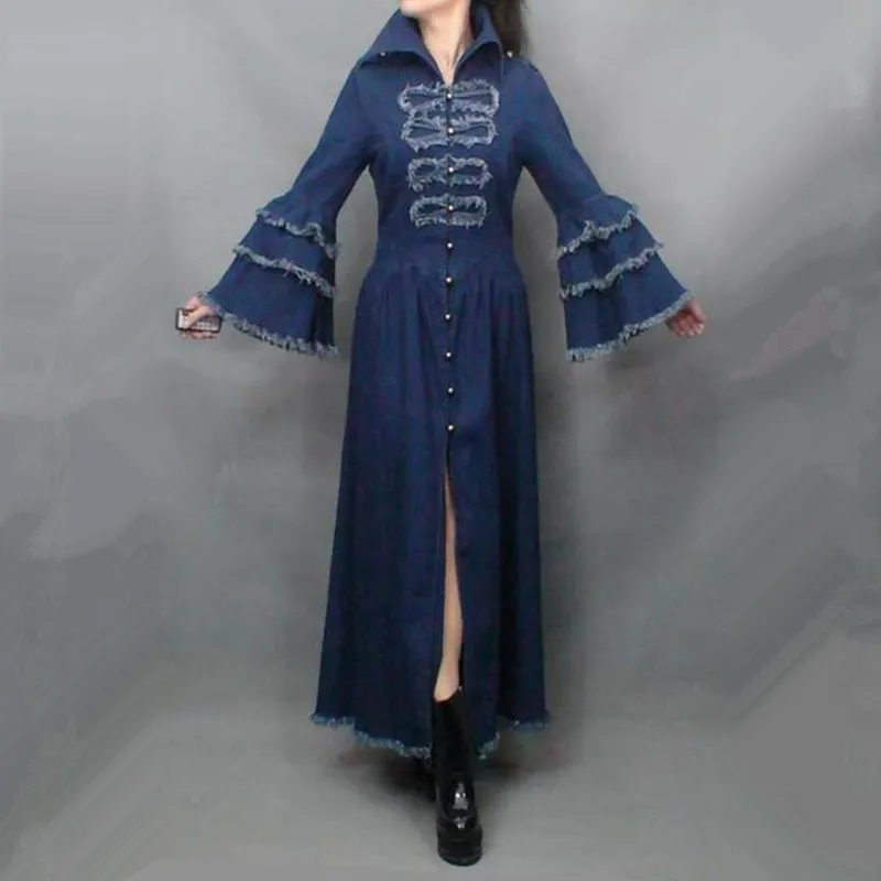 Envío gratis moda larga Maxi vestido de trinchera para mujer Vintage Denim prendas de vestir exteriores borlas Flare manga más tamaño Royal Coat S-XL 201031