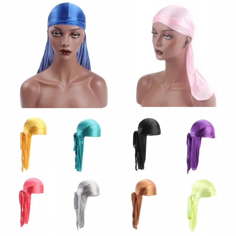 Satin Men Stretchy Durag Hip Hop du Doo szmata Cap peruki Turban Bandana Nakrycia głowy Solid Color Długi Kapelusz Down Down Ogon Mężczyzna Kobiet