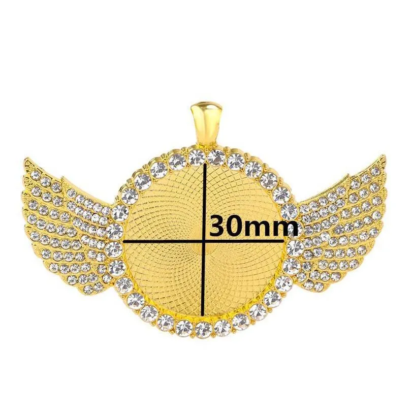 30mm diy jewelry accessories round bottom brackets time gem sublimation blank pendant with wing for hot transfer printing necklace