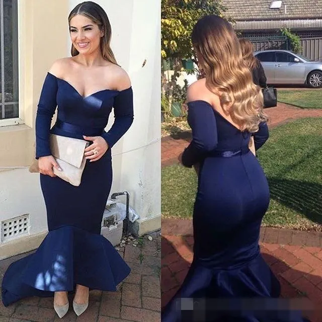 2021 Plus Size Vestidos de noite azul Off the Shoulder Satin Mermaid Alta Baixa Trem da varredura Custom Made ocasião formal Prom Party Vestidos