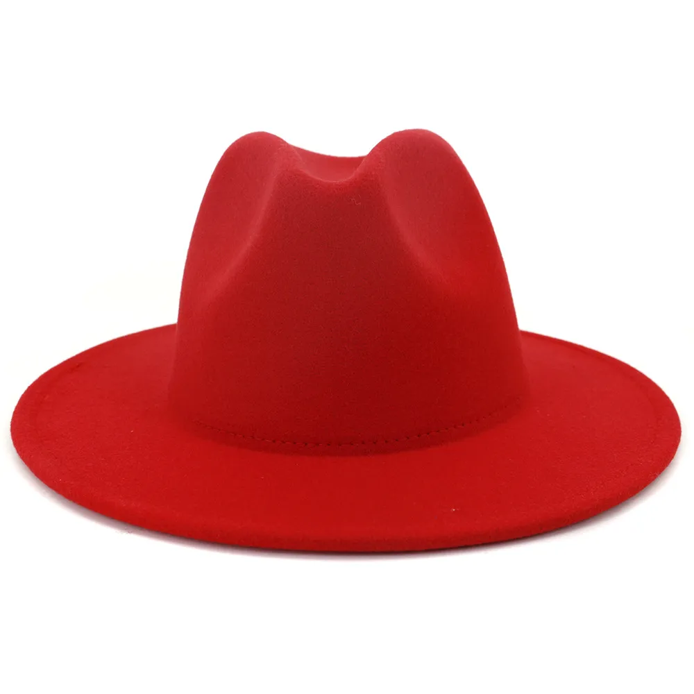 Europeisk US Mode Dubbelsidig Färg Matchande ullfilt Fedora Hat med läderband Män Kvinnor Flat Brim Jazz Trilby Hat 60 cm