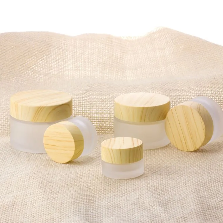 New Frosted Glass Jar Cream Bottles Round Cosmetic Jars Wooden Hand Face Packing Bottles 5g 10g 15g 20g 30g Jars With Wood Cover