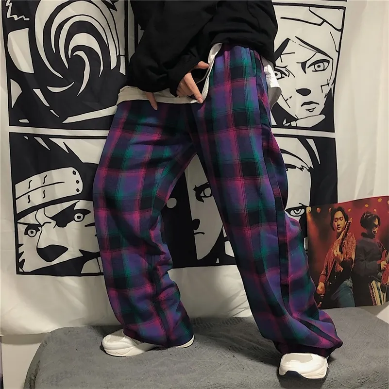 HOUZHOU Korean Style Vintage Plaid Pants for Women Streetwear Harajuku Wide Leg Checkered Pants Women Couple Pockets Unisex LJ201029