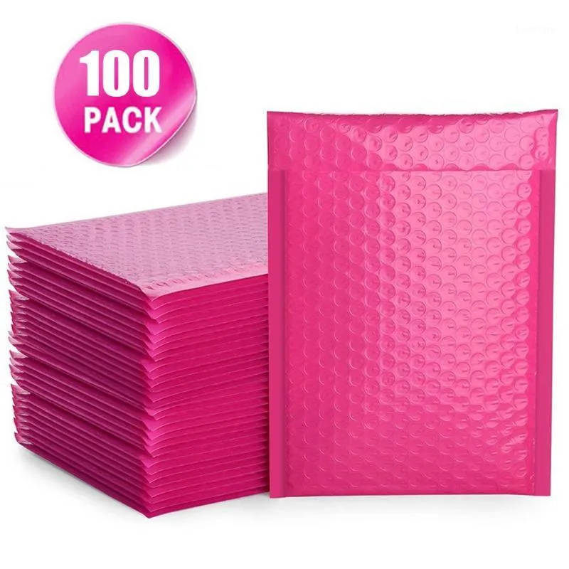 100個バブルメーラーパッド入り封筒並ぶポリメーラーセルシールホットピンクの封筒バブルメーリングバッグ輸送パッケージ1