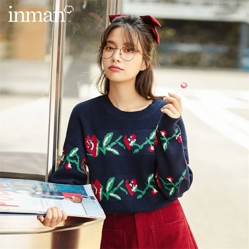 Inman Winter New Arrivals 레트로 클래식 양모 꽃 수 놓은 국립 스타일 풀오버 긴 소매 여성 스웨터 201130