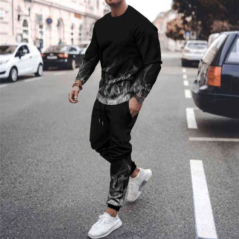Men's 3D flame printing long-sleeved T-shirt + trousers two-piece comfortable and breathable thin casual suit G1222